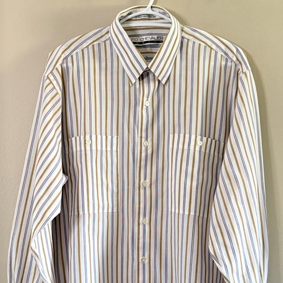 Vintage Leo Chevalier White Cotton Dress Shirt Purple/Blue & Tan Stripes - Picture 2 of 13